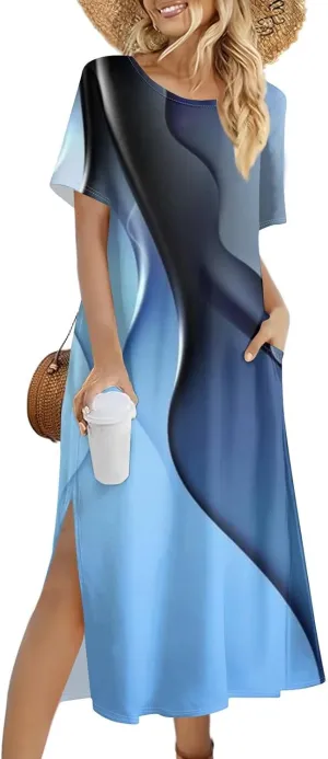 Summer Dresses for Women 2025 Crew Neck Short Sleeve Long Dresses for Women Trendy Clothes Flowy Skirt Sundress