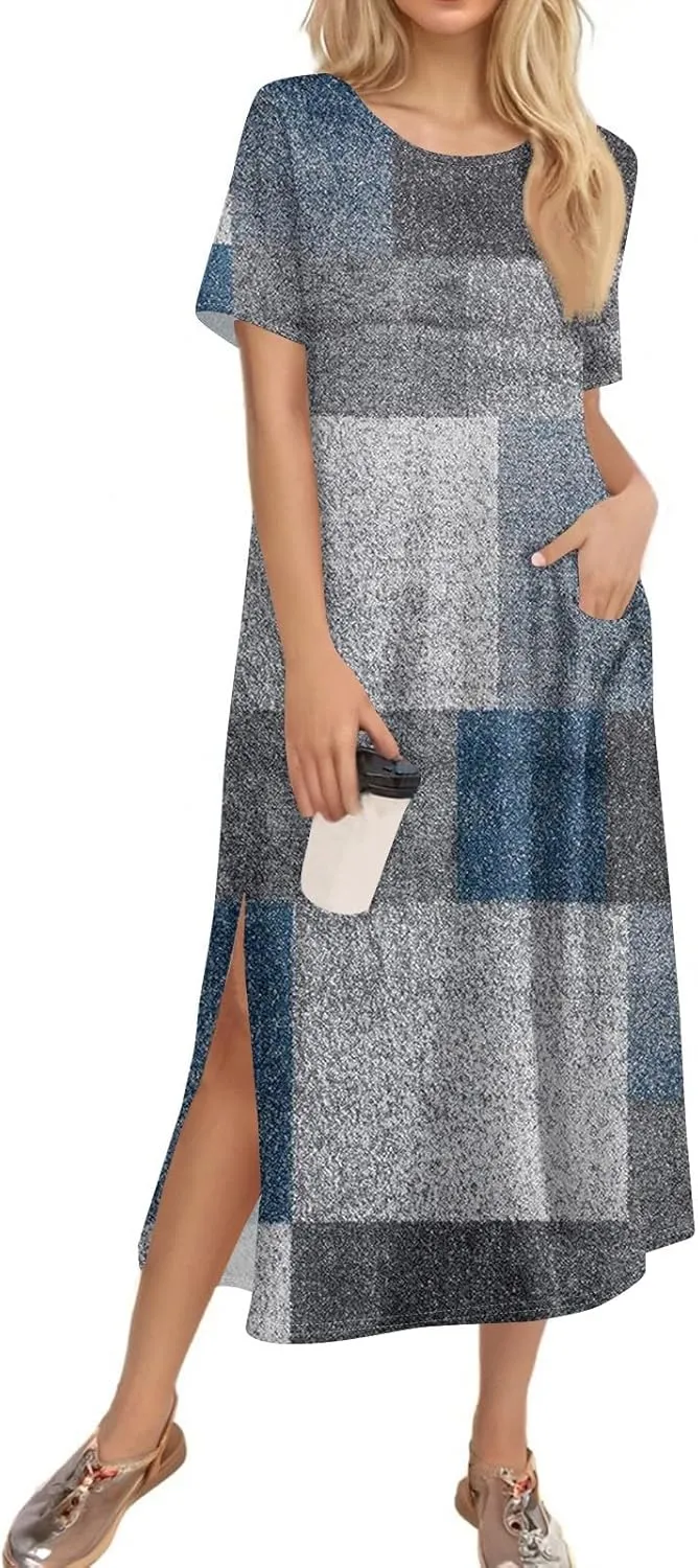 Summer Dresses for Women 2025 Crew Neck Short Sleeve Long Dresses for Women Trendy Clothes Flowy Skirt Sundress