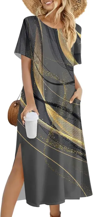 Summer Dresses for Women 2025 Crew Neck Short Sleeve Long Dresses for Women Trendy Clothes Flowy Skirt Sundress