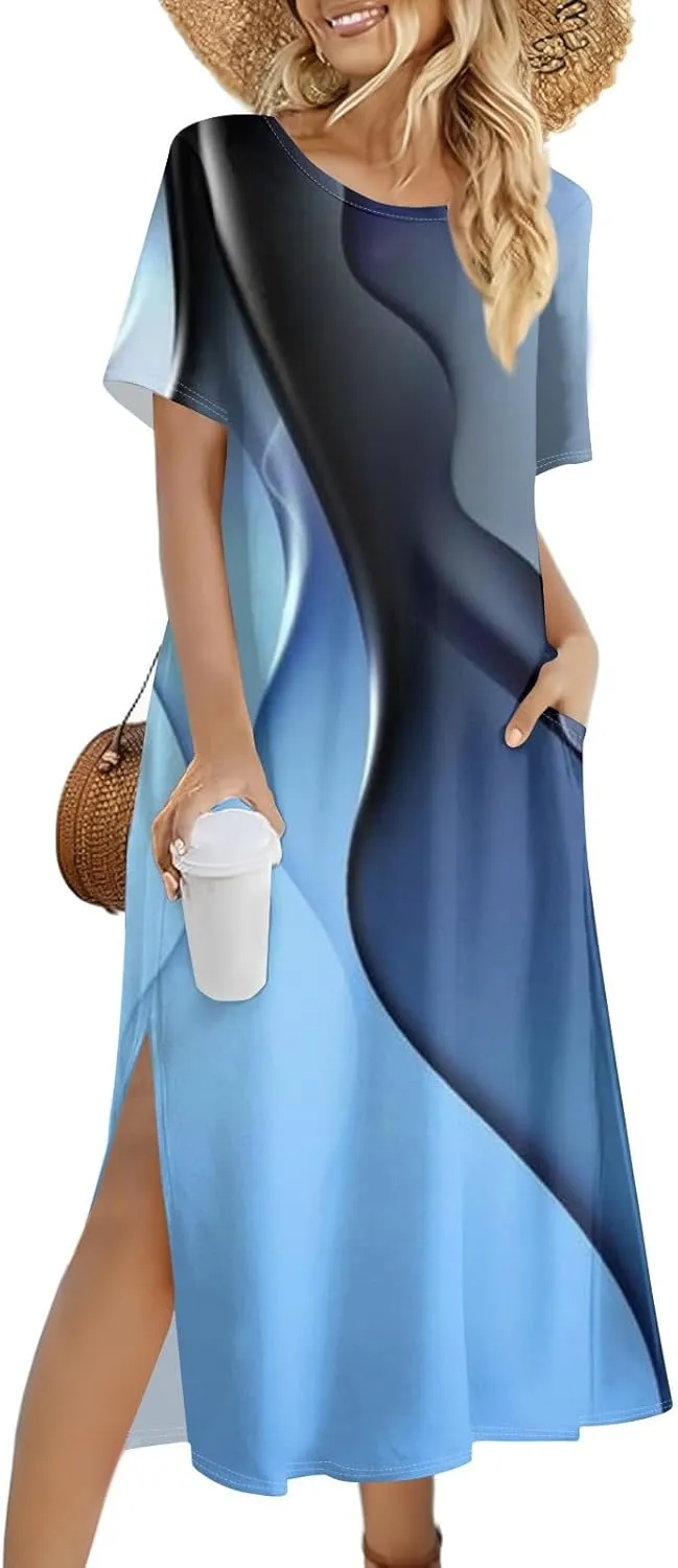 Summer Dresses for Women 2025 Crew Neck Short Sleeve Long Dresses for Women Trendy Clothes Flowy Skirt Sundress