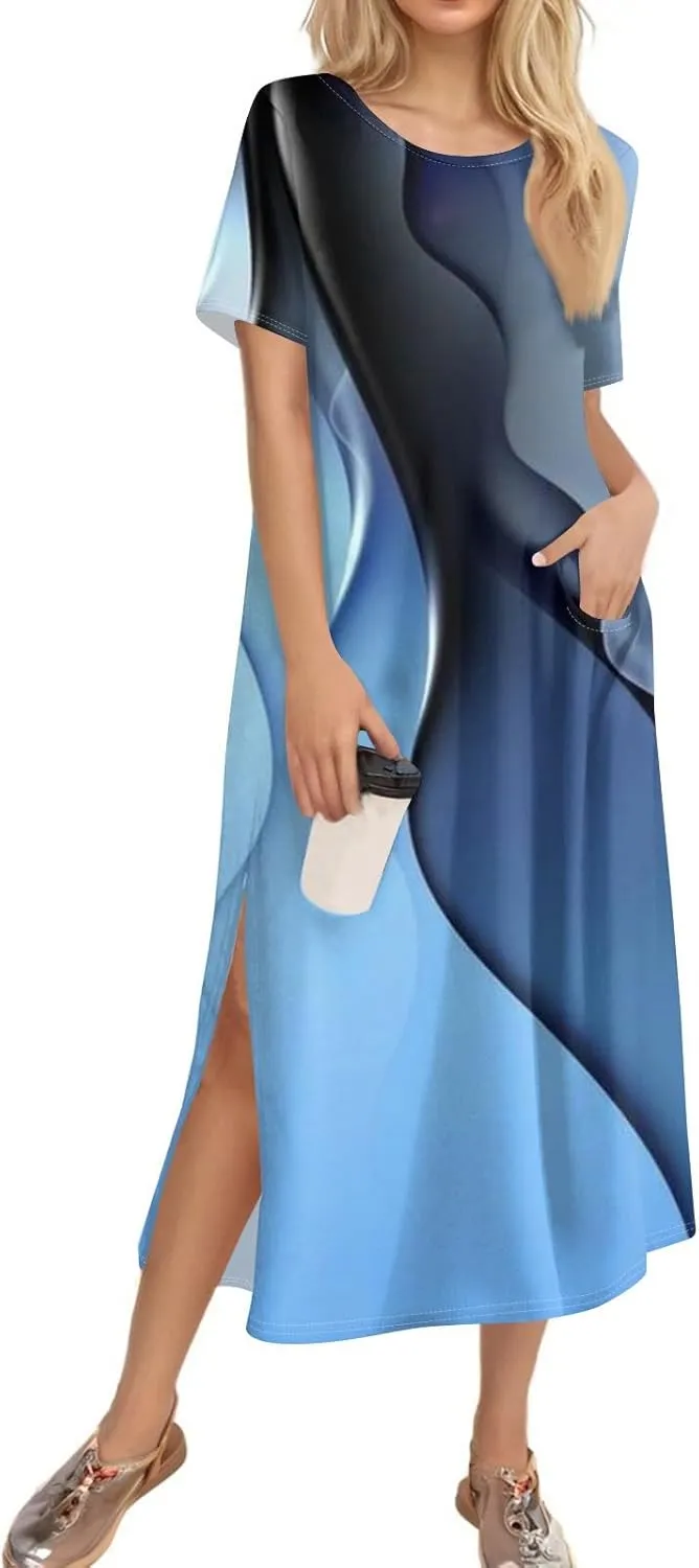 Summer Dresses for Women 2025 Crew Neck Short Sleeve Long Dresses for Women Trendy Clothes Flowy Skirt Sundress