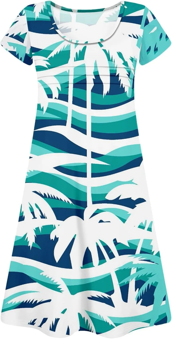 Summer Dresses for Women 2025 Floral Beach Loose Tshirt Dress Casual Short Sleeve Flowy Sundresses with Pockets