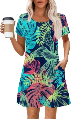 Summer Dresses for Women 2025 Floral Beach Loose Tshirt Dress Casual Short Sleeve Flowy Sundresses with Pockets