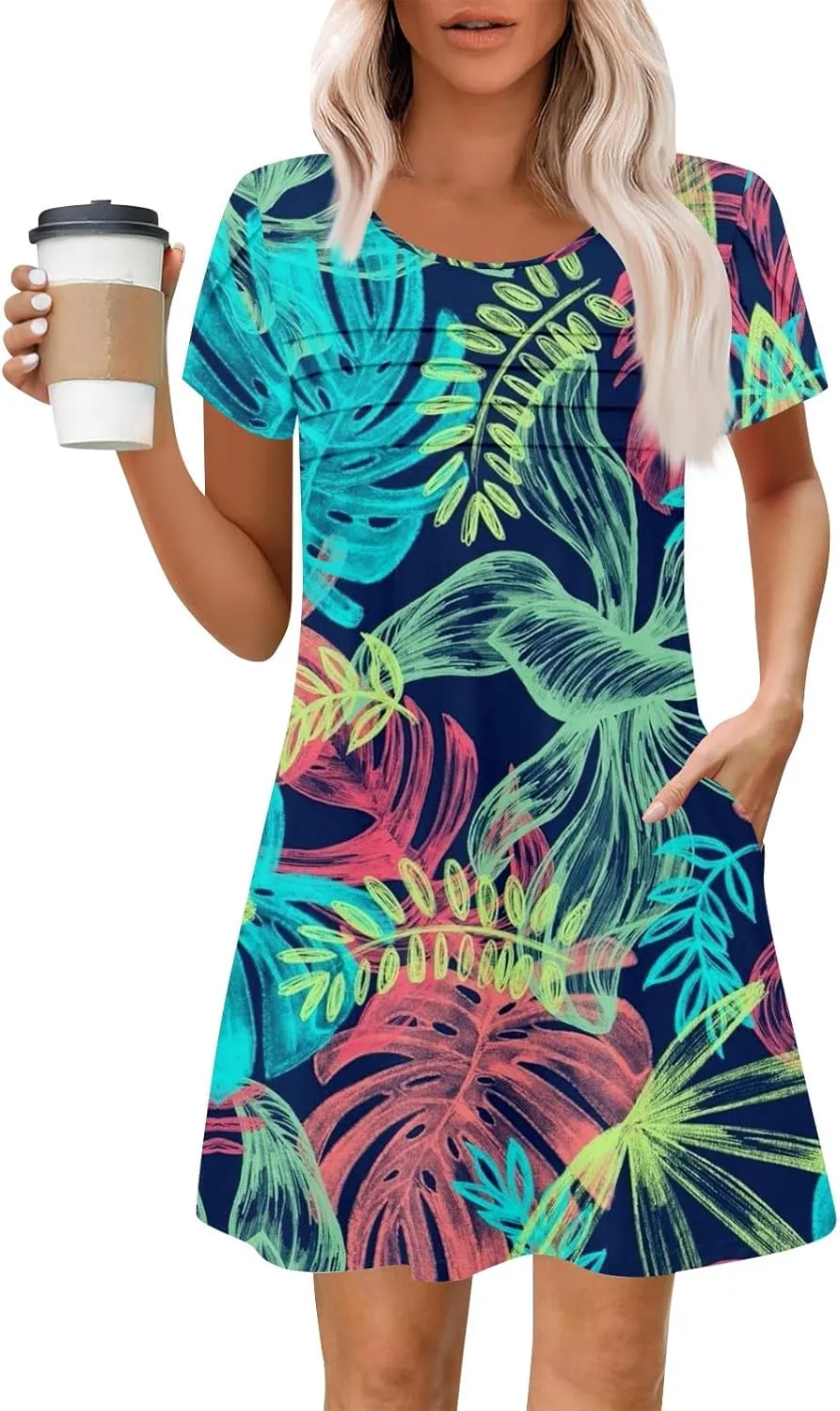 Summer Dresses for Women 2025 Floral Beach Loose Tshirt Dress Casual Short Sleeve Flowy Sundresses with Pockets