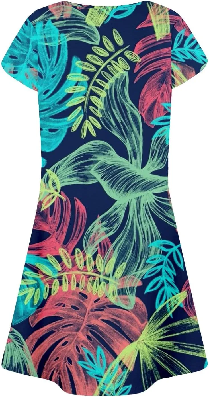Summer Dresses for Women 2025 Floral Beach Loose Tshirt Dress Casual Short Sleeve Flowy Sundresses with Pockets