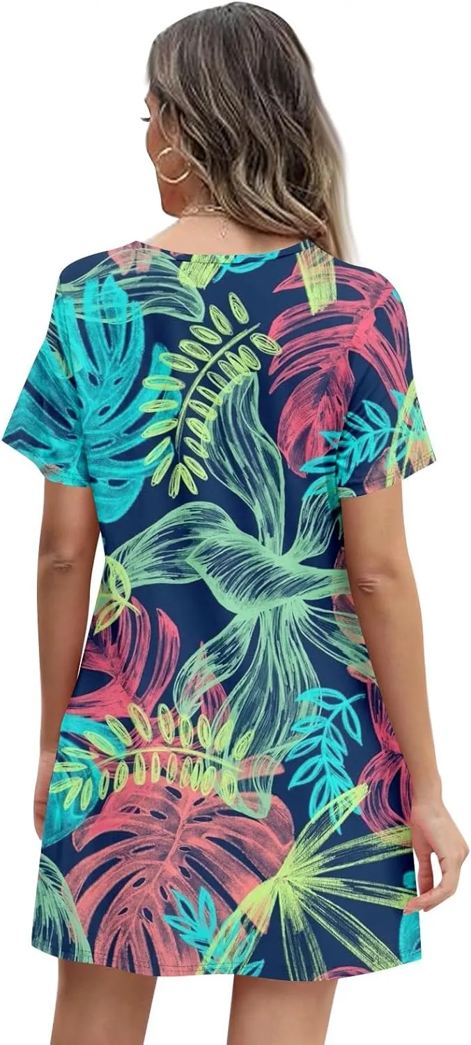Summer Dresses for Women 2025 Floral Beach Loose Tshirt Dress Casual Short Sleeve Flowy Sundresses with Pockets