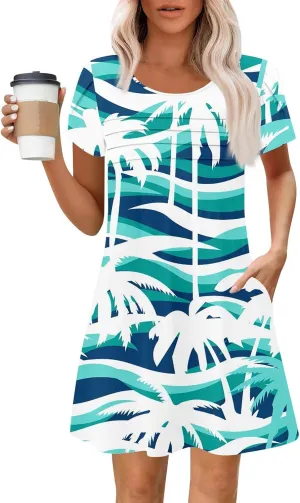 Summer Dresses for Women 2025 Floral Beach Loose Tshirt Dress Casual Short Sleeve Flowy Sundresses with Pockets