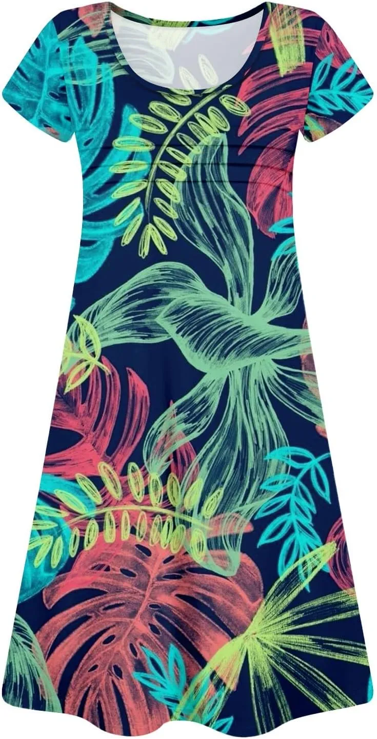 Summer Dresses for Women 2025 Floral Beach Loose Tshirt Dress Casual Short Sleeve Flowy Sundresses with Pockets