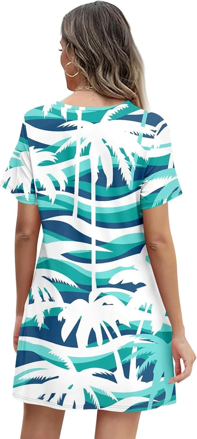 Summer Dresses for Women 2025 Floral Beach Loose Tshirt Dress Casual Short Sleeve Flowy Sundresses with Pockets