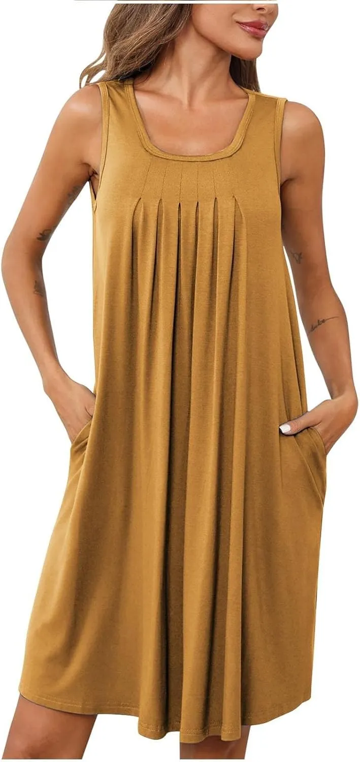 Summer Dresses for Women 2025 Loose Beach Vacation Casual Crew Neck Sleeveless Sundresses with Pockets Tank Dress