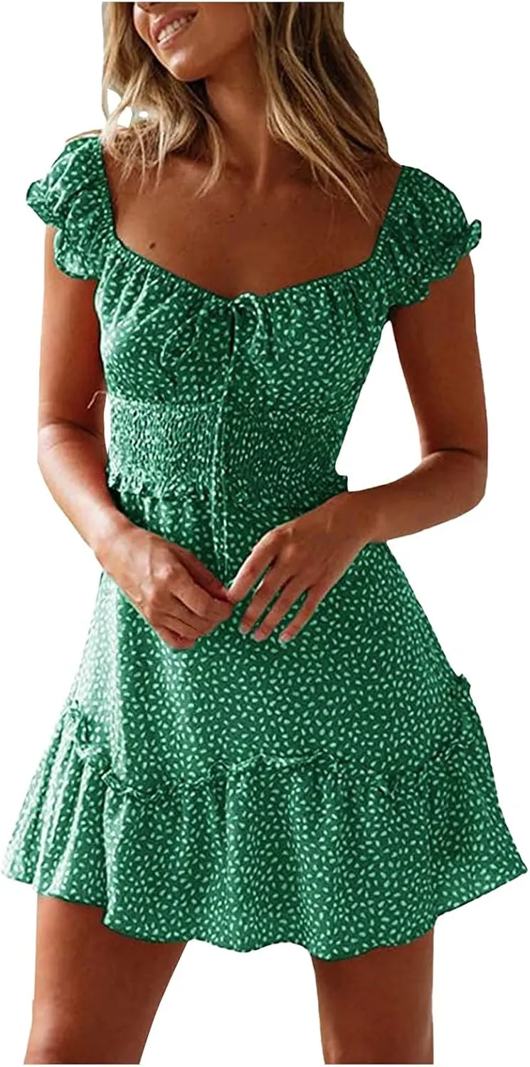 Summer Dresses for Women 2025 MilkMaid Dress Smocked Dress Ruffle Floral Sundresses Tie Front Boho Short Dresses