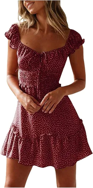 Summer Dresses for Women 2025 MilkMaid Dress Smocked Dress Ruffle Floral Sundresses Tie Front Boho Short Dresses