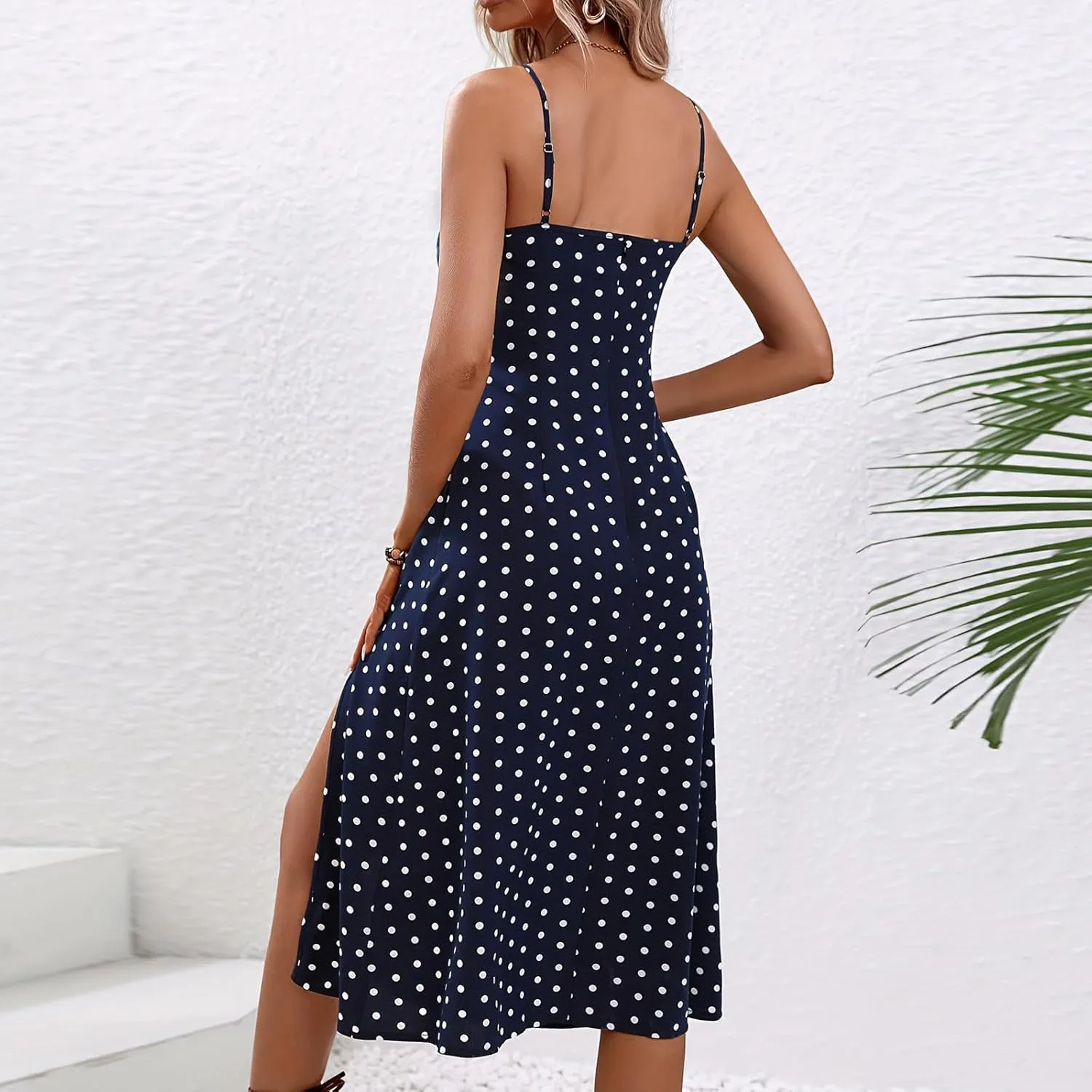 Summer Dresses for Women 2025 Polka Dot Spaghetti Strap Sexy Slit Midi Dresses Casual Vacation Beach Boho Sundress