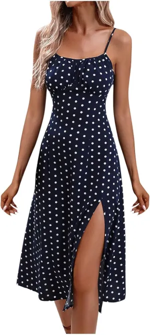 Summer Dresses for Women 2025 Polka Dot Spaghetti Strap Sexy Slit Midi Dresses Casual Vacation Beach Boho Sundress