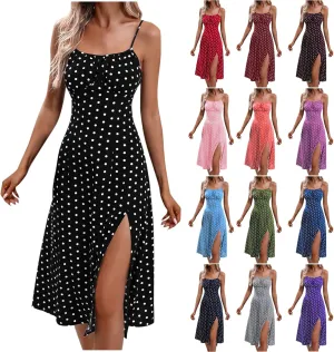 Summer Dresses for Women 2025 Polka Dot Spaghetti Strap Sexy Slit Midi Dresses Casual Vacation Beach Boho Sundress