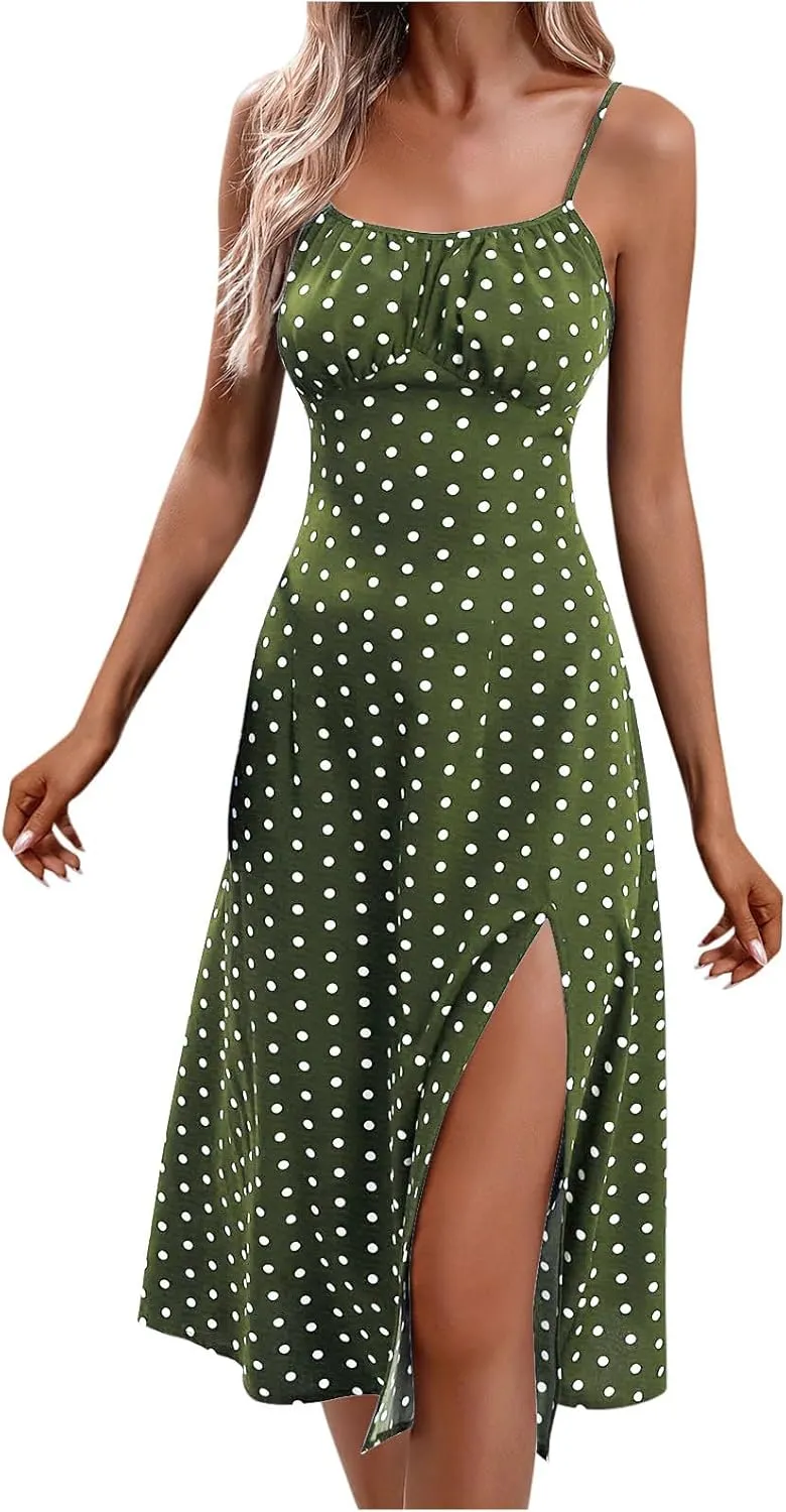 Summer Dresses for Women 2025 Polka Dot Spaghetti Strap Sexy Slit Midi Dresses Casual Vacation Beach Boho Sundress