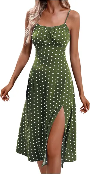 Summer Dresses for Women 2025 Polka Dot Spaghetti Strap Sexy Slit Midi Dresses Casual Vacation Beach Boho Sundress