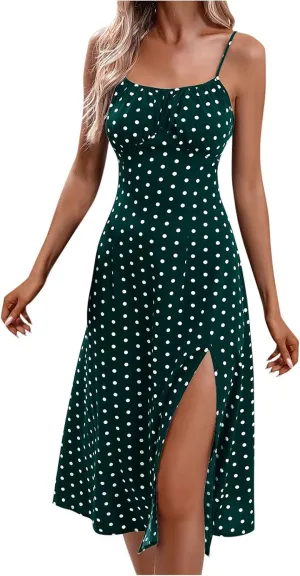 Summer Dresses for Women 2025 Polka Dot Spaghetti Strap Sexy Slit Midi Dresses Casual Vacation Beach Boho Sundress