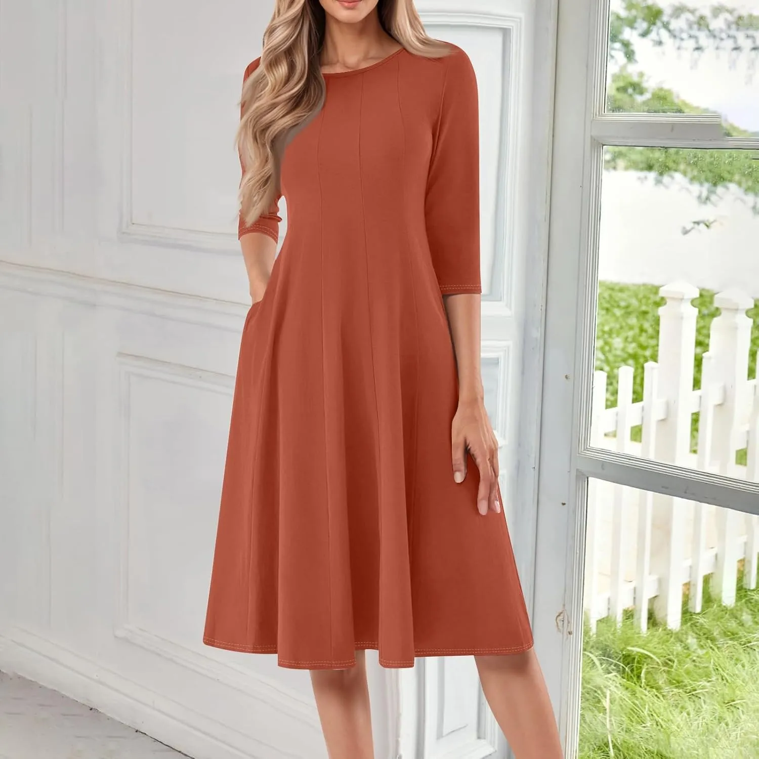 Summer Dresses for Women 2025 Round Neck 3/4 Sleeve Dress for Womens Dressed Midi Knee Length Dress with Pockets