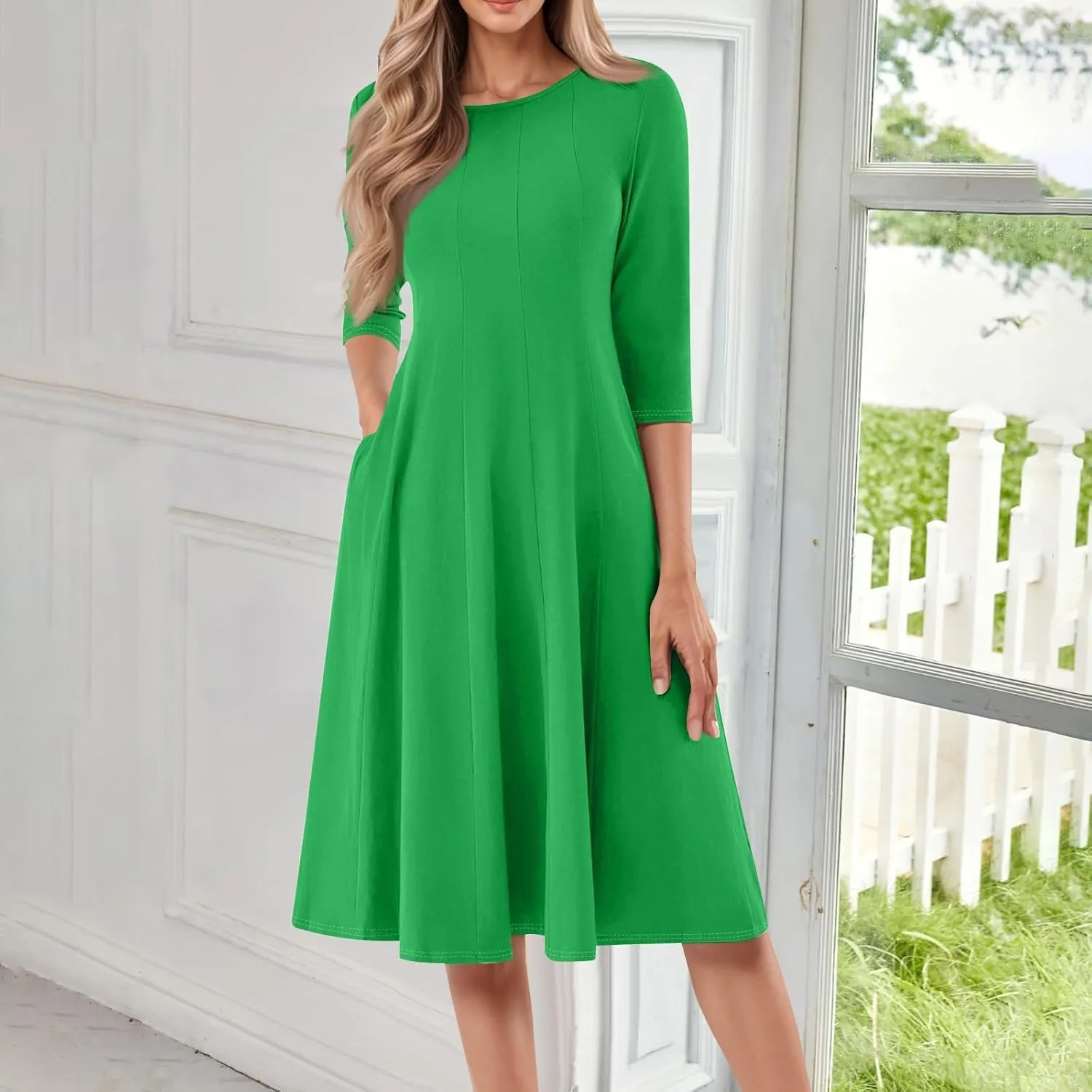 Summer Dresses for Women 2025 Round Neck 3/4 Sleeve Dress for Womens Dressed Midi Knee Length Dress with Pockets