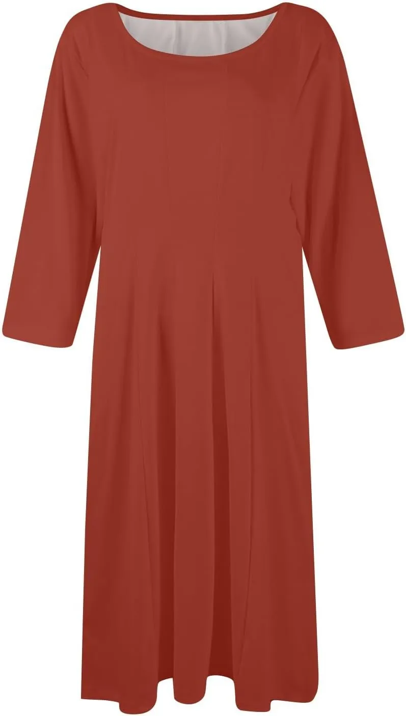 Summer Dresses for Women 2025 Round Neck 3/4 Sleeve Dress for Womens Dressed Midi Knee Length Dress with Pockets
