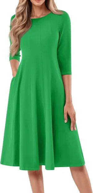 Summer Dresses for Women 2025 Round Neck 3/4 Sleeve Dress for Womens Dressed Midi Knee Length Dress with Pockets
