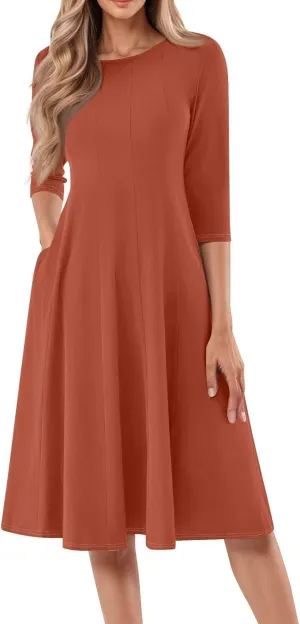 Summer Dresses for Women 2025 Round Neck 3/4 Sleeve Dress for Womens Dressed Midi Knee Length Dress with Pockets