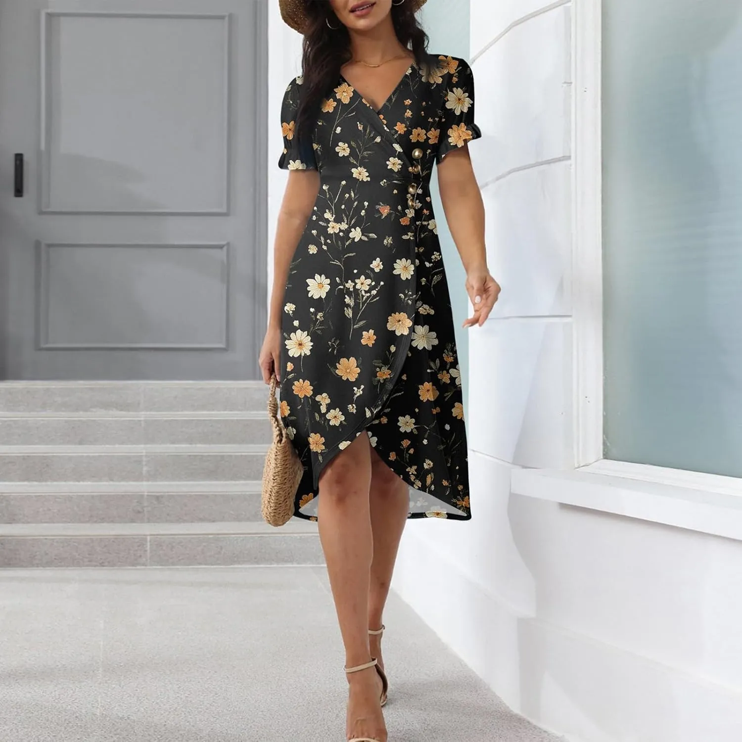 Summer Dresses for Women 2025 Short Sleeve V Neck Flowy Ruched Hawaiian Casual Floral A-Line Boho Dress Midi Sundress