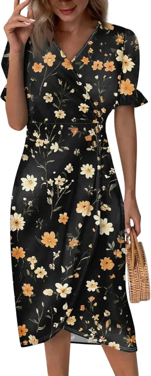 Summer Dresses for Women 2025 Short Sleeve V Neck Flowy Ruched Hawaiian Casual Floral A-Line Boho Dress Midi Sundress