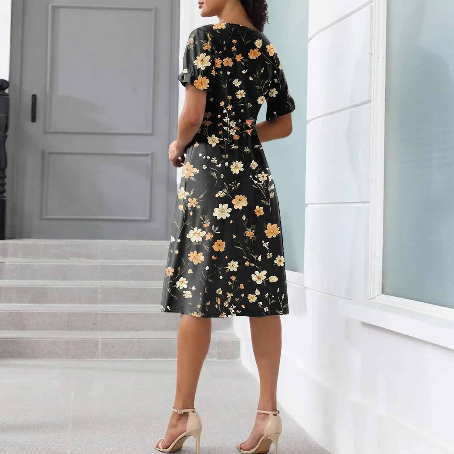 Summer Dresses for Women 2025 Short Sleeve V Neck Flowy Ruched Hawaiian Casual Floral A-Line Boho Dress Midi Sundress