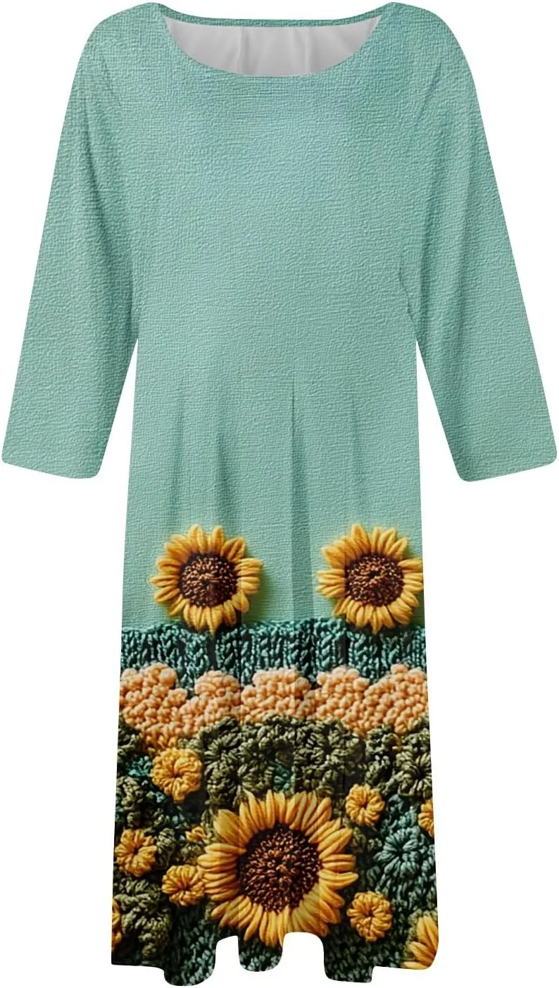 Summer Dresses for Women Aline Flowy Tshirt Dress Casual Floral 3/4 Sleeve Dress Beach Midi Dresses with Pockets