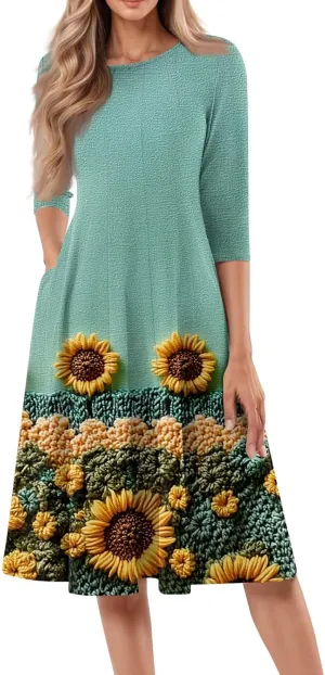 Summer Dresses for Women Aline Flowy Tshirt Dress Casual Floral 3/4 Sleeve Dress Beach Midi Dresses with Pockets