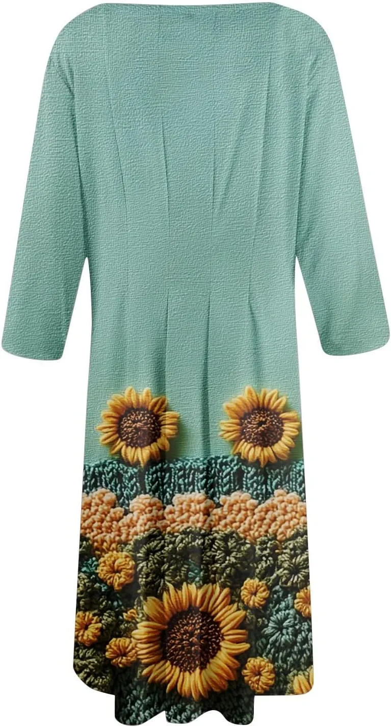 Summer Dresses for Women Aline Flowy Tshirt Dress Casual Floral 3/4 Sleeve Dress Beach Midi Dresses with Pockets