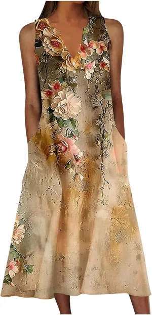 Summer Dresses for Women Beach Long Sundress Button V Neck Casual Swing Tank Dress Flowy Boho Dress with Pockets