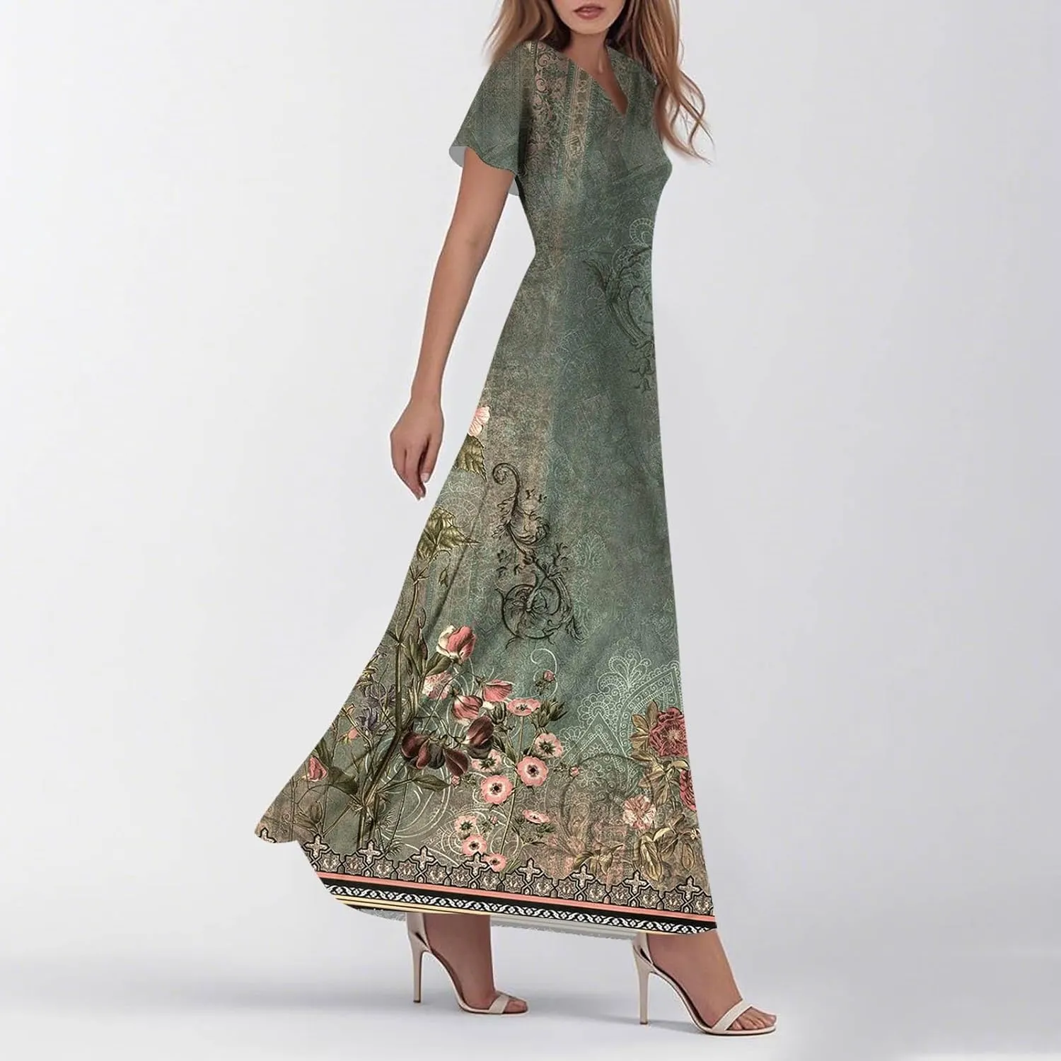 Summer Dresses for Women Floral A-Line Midi Dress Casual Short Sleeve V Neck Flowy Hawaiian Boho Beach Sundresses