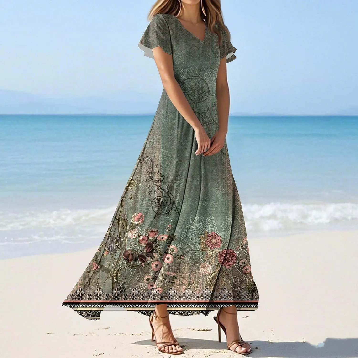 Summer Dresses for Women Floral A-Line Midi Dress Casual Short Sleeve V Neck Flowy Hawaiian Boho Beach Sundresses