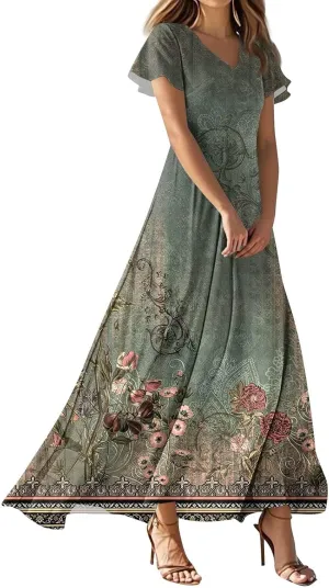 Summer Dresses for Women Floral A-Line Midi Dress Casual Short Sleeve V Neck Flowy Hawaiian Boho Beach Sundresses