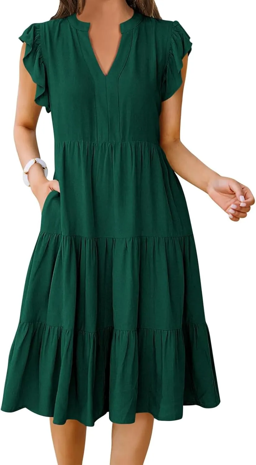 Summer Dresses for Women Ruffle Sleeve V Neck Midi Dresses Casual Fit Flowy Tiered Boho Beach Sundress with Pocket
