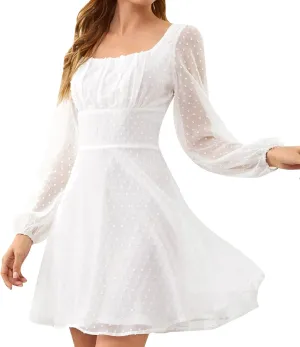 Summer Dresses for Women Sheer Mesh Lantern Sleeve Square Neck Polka Dots A line Dress Swiss Dots Swing Mini Dress