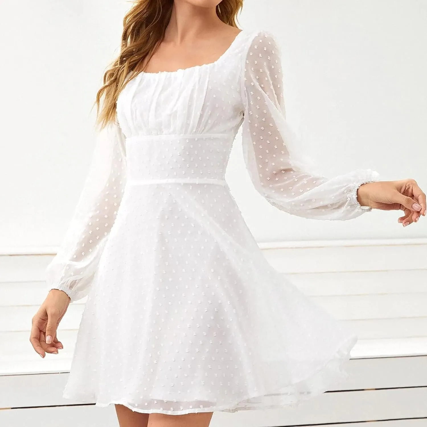 Summer Dresses for Women Sheer Mesh Lantern Sleeve Square Neck Polka Dots A line Dress Swiss Dots Swing Mini Dress