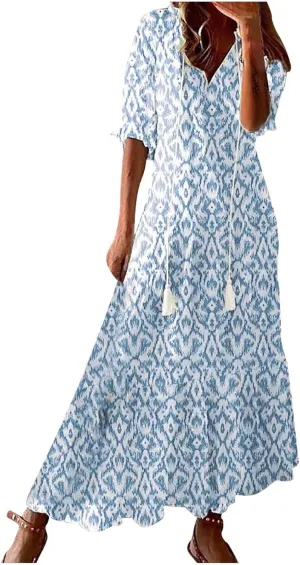 Summer Dresses for Women Tassel Tie V Neck Ruffle Elbow Length Sleeve Boho Floral Print Maxi Dress Beach Vacation Long Dress