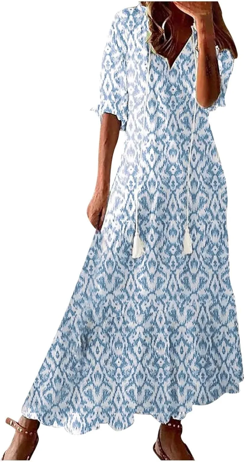 Summer Dresses for Women Tassel Tie V Neck Ruffle Elbow Length Sleeve Boho Floral Print Maxi Dress Beach Vacation Long Dress