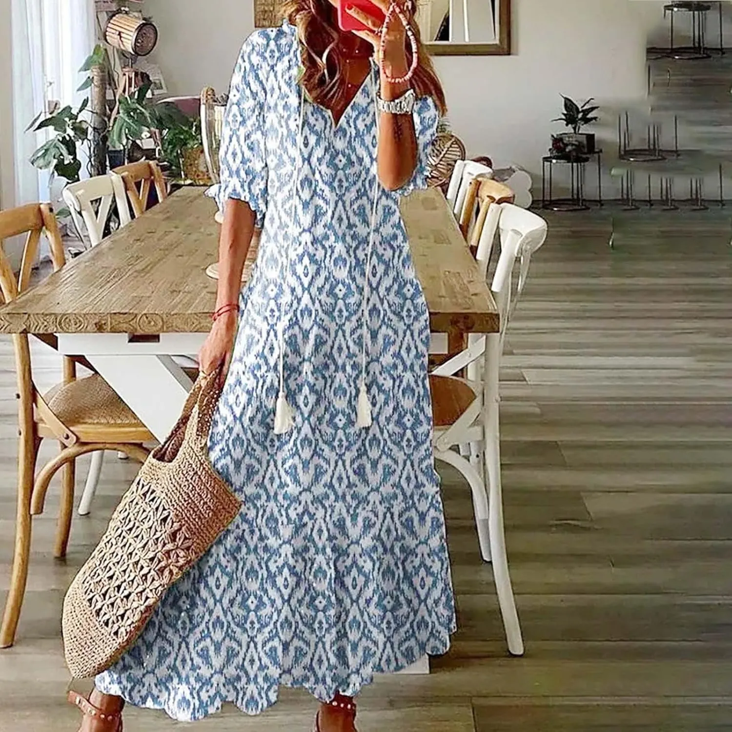 Summer Dresses for Women Tassel Tie V Neck Ruffle Elbow Length Sleeve Boho Floral Print Maxi Dress Beach Vacation Long Dress