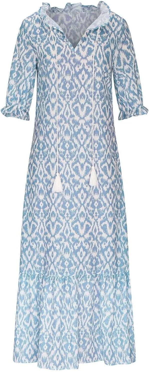 Summer Dresses for Women Tassel Tie V Neck Ruffle Elbow Length Sleeve Boho Floral Print Maxi Dress Beach Vacation Long Dress