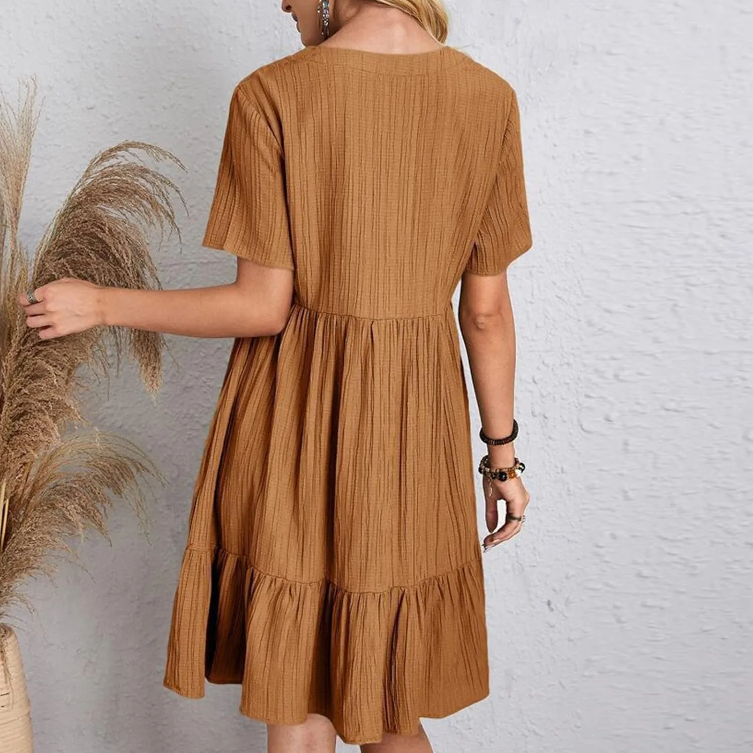 Summer Dresses for Womens V Neck Flutter Sleeve Flowy Short Dress Casual Midi Dress A Line Ruffle Tiered Swing Dresses