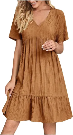 Summer Dresses for Womens V Neck Flutter Sleeve Flowy Short Dress Casual Midi Dress A Line Ruffle Tiered Swing Dresses