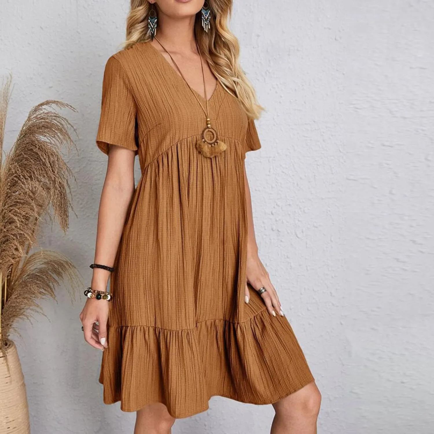 Summer Dresses for Womens V Neck Flutter Sleeve Flowy Short Dress Casual Midi Dress A Line Ruffle Tiered Swing Dresses