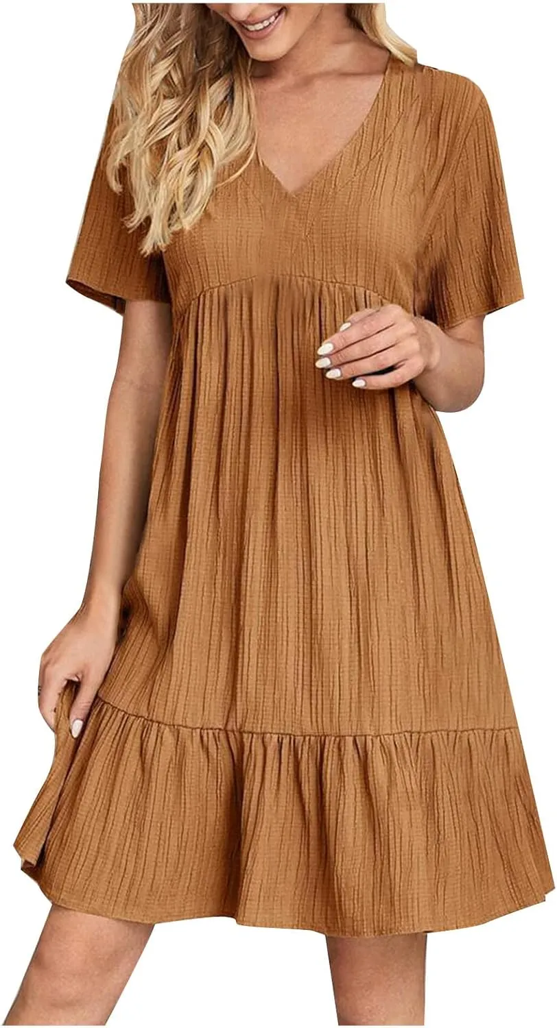 Summer Dresses for Womens V Neck Flutter Sleeve Flowy Short Dress Casual Midi Dress A Line Ruffle Tiered Swing Dresses