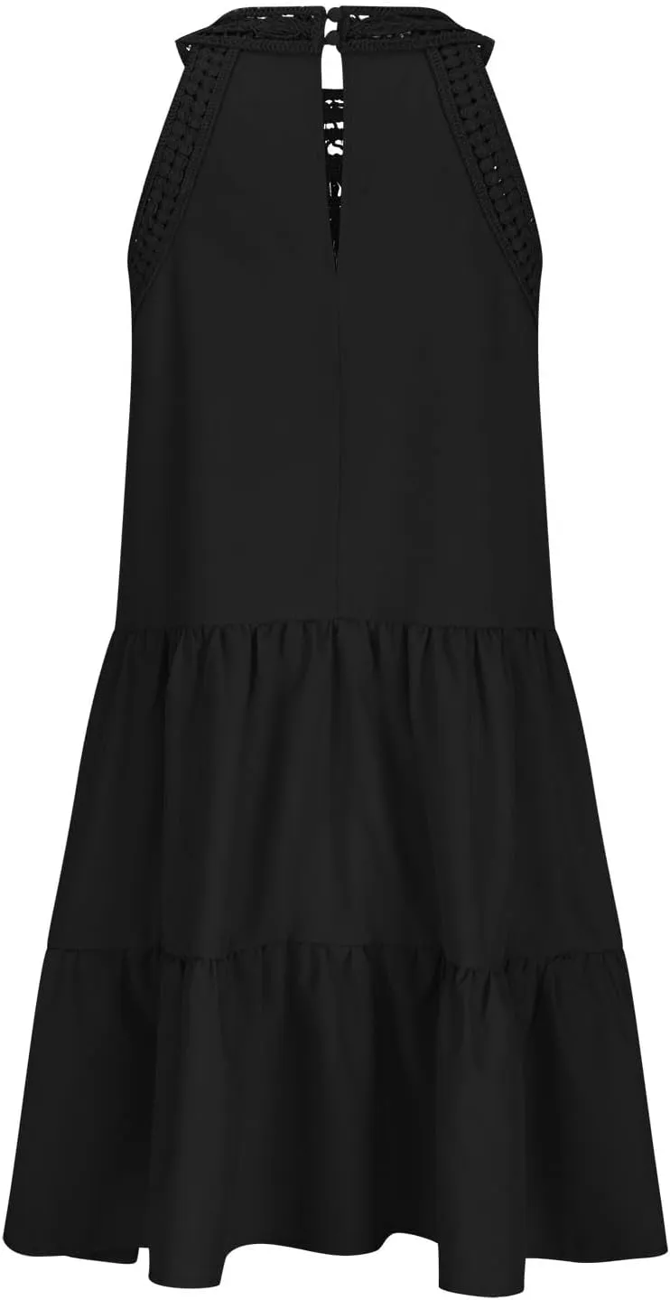 Summer Hollow Out Lace Crochet Halter Dresses Womens Casual Sleeveless Tiered Swing Sundress Beach Vacation Mini Dress