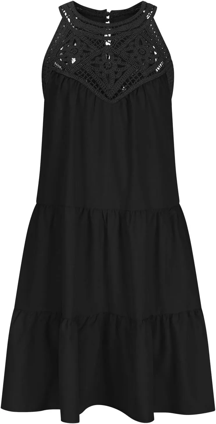Summer Hollow Out Lace Crochet Halter Dresses Womens Casual Sleeveless Tiered Swing Sundress Beach Vacation Mini Dress